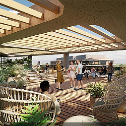 A group of people walking on a wooden deck.