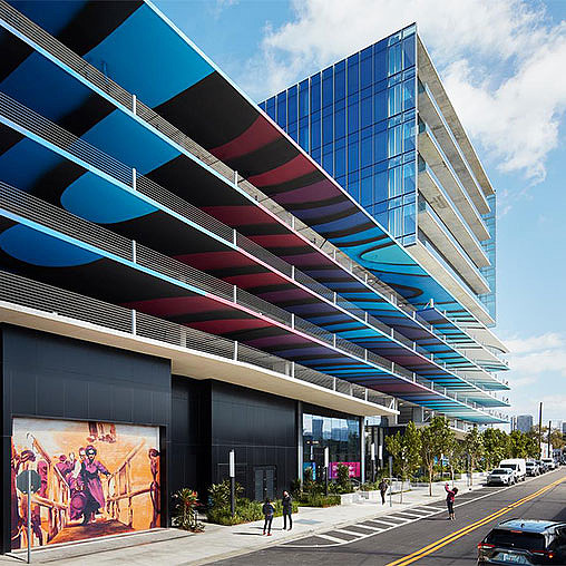 A building with a glass front.
