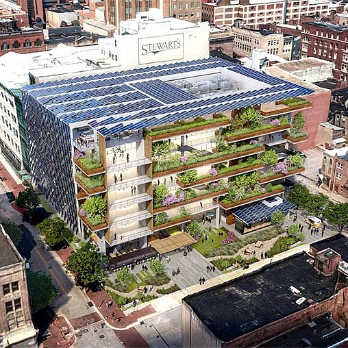 A high angle view of a building.
