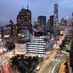 A city with tall buildings.