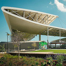 A large greenhouse with a tree.