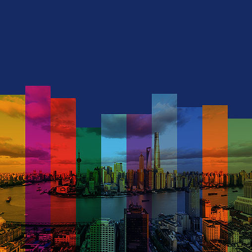 A city skyline at night.