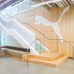 A wooden staircase with a white railing.