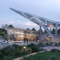 A building with a glass front.