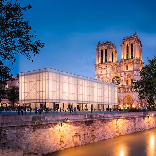 A large building with a glass front.