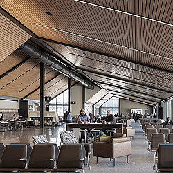 A group of people sitting at tables.