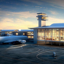 A large building with a large glass window and a large airplane in front.