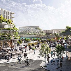 A group of people walking around a city.