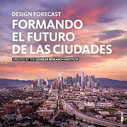 A cityscape with a sunset.