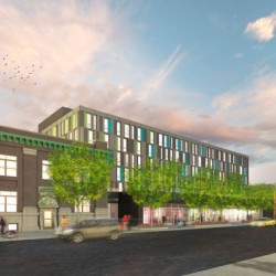 A building with a parking lot.