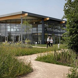 A few people walking outside of a building.