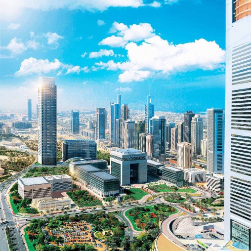 A city with tall buildings.