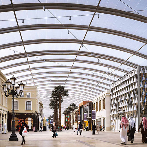 A large glass dome with people walking around.