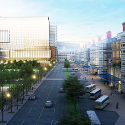 A street with cars and buildings.