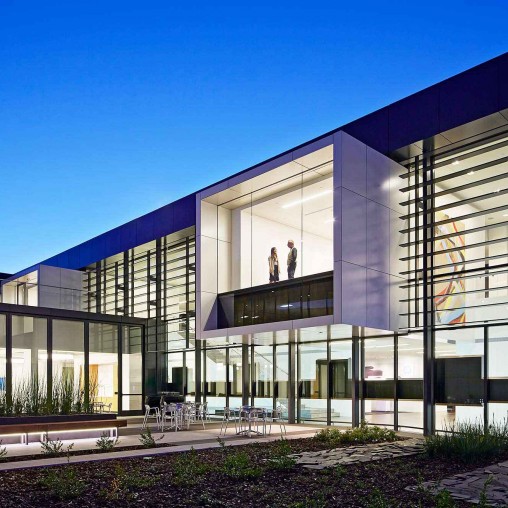 A building with glass windows.