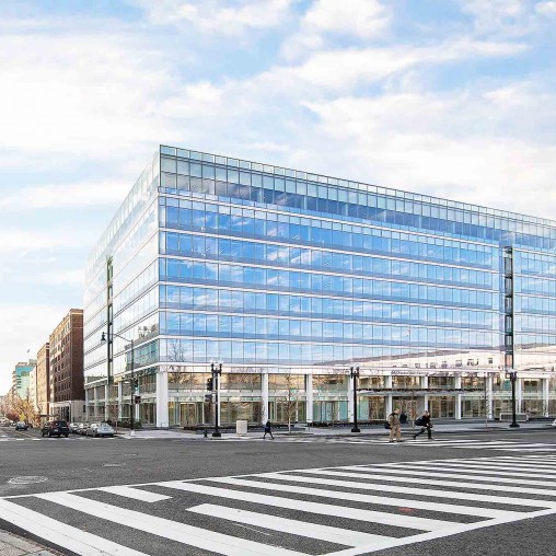 A large glass building.