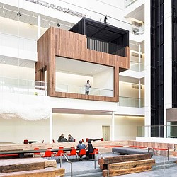 A group of people in a building.