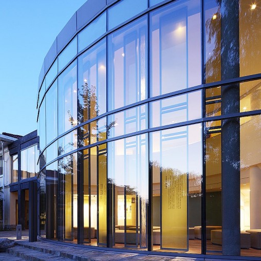 A building with glass windows.