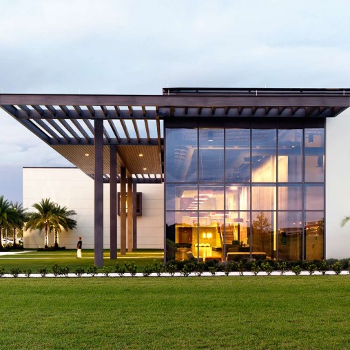 A building with a glass front.