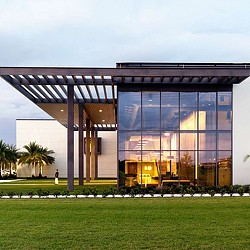 A building with a glass front.