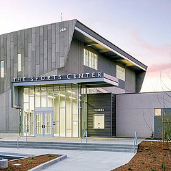 A building with a sign on the front.