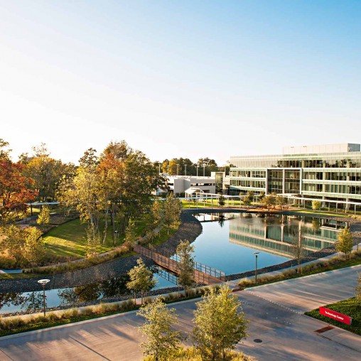 A body of water with buildings around it.