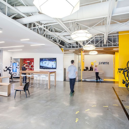 A group of people in a building.