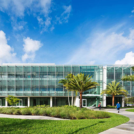 A building with palm trees and grass.