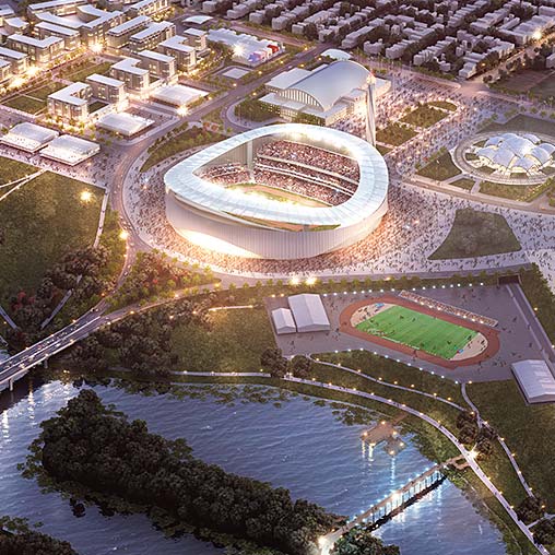 An aerial view of a sports stadium.