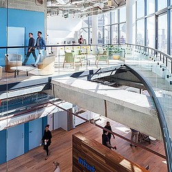 A high angle view of people inside a building.
