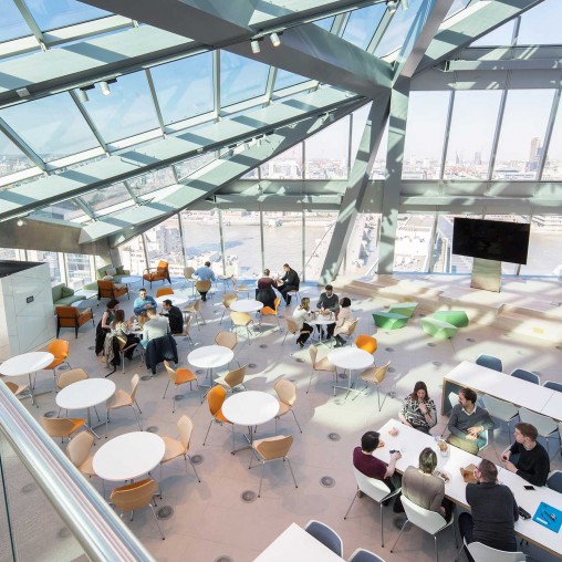 A high angle view of people in a room.