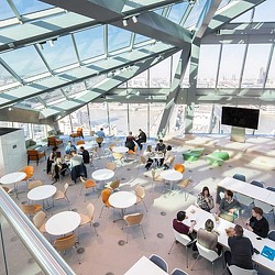 A high angle view of people in a room.