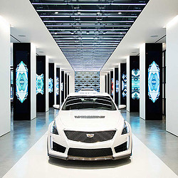 A white car in a building.