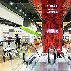 A store with a red sign.