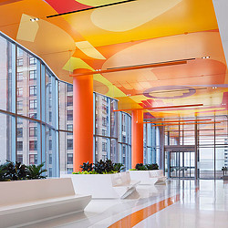 A building with a large glass front.