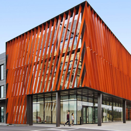 A building with a triangular roof.