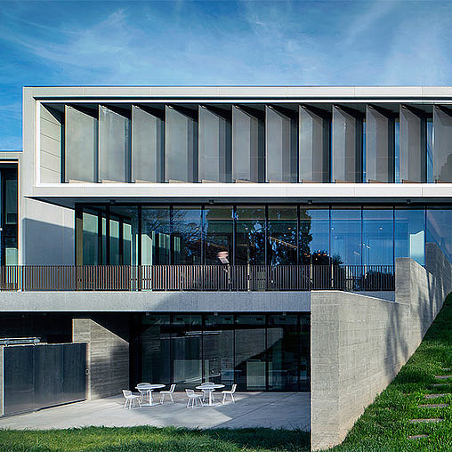 A building with glass windows.