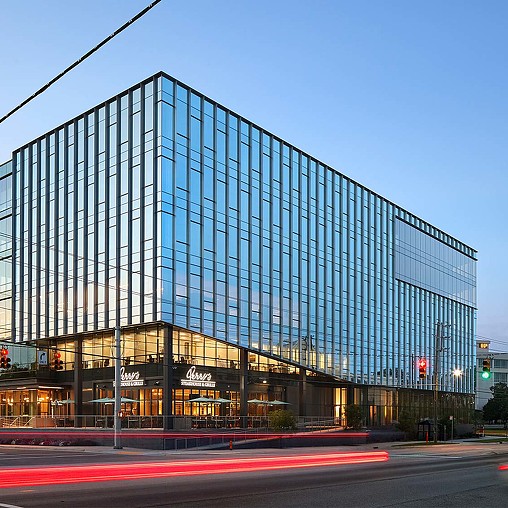 A large glass building.