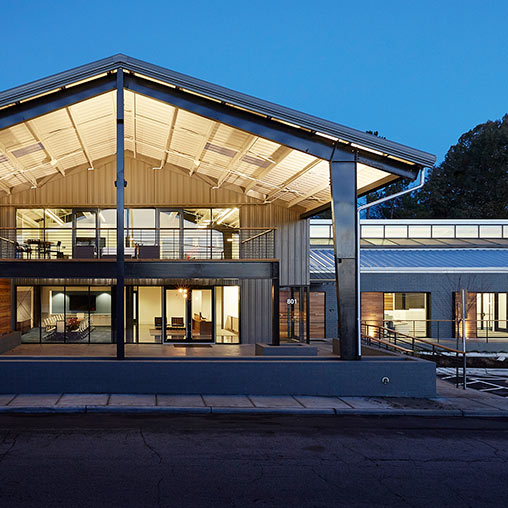 A building with a glass front.