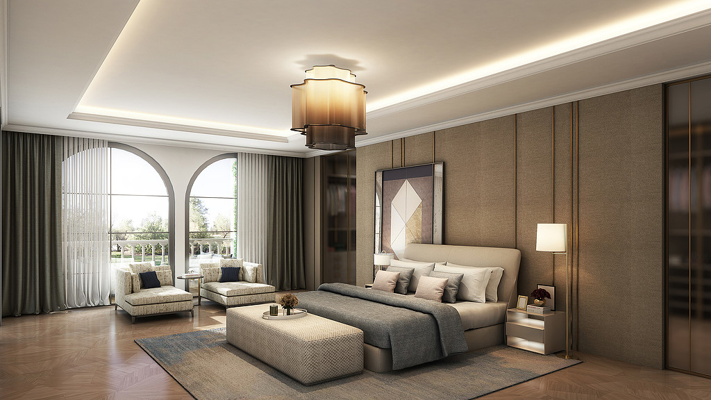 A room with a bed and chairs.