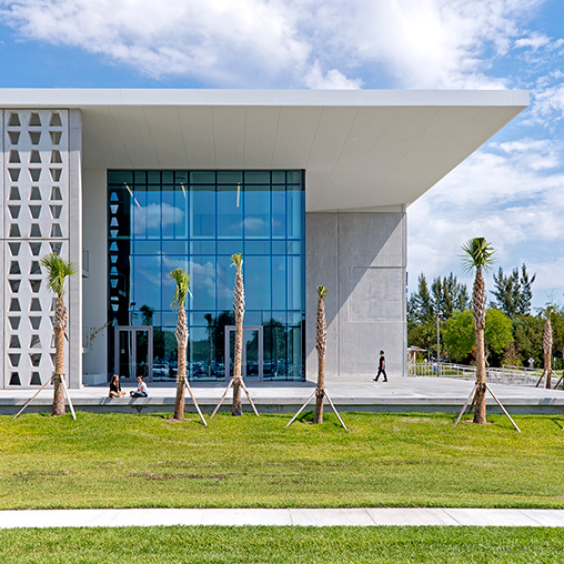 A building with a glass front.