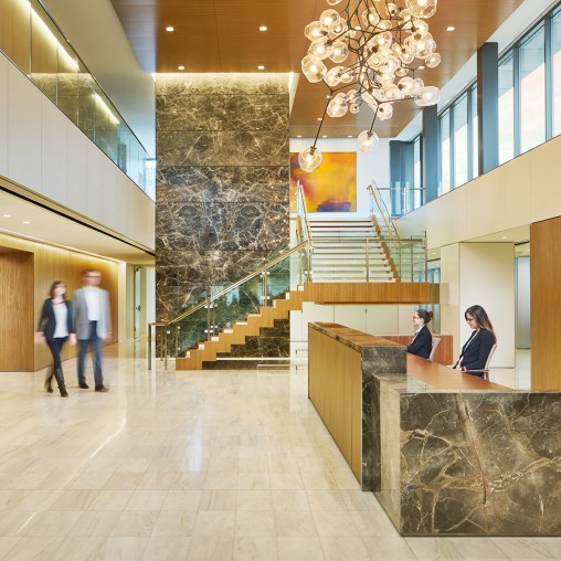 A group of people in a building.