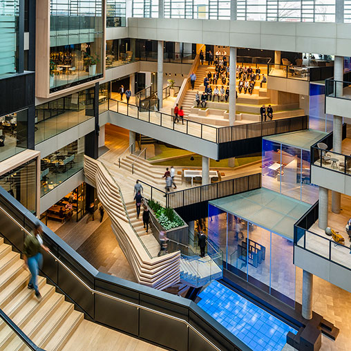 A high angle view of a shopping mall.
