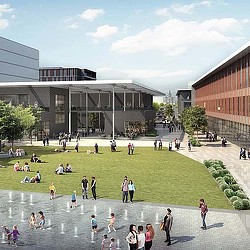 A group of people in a courtyard.