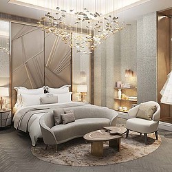 A bedroom with a chandelier.