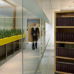 A person walking through a library.