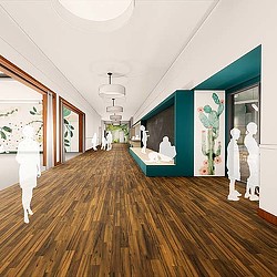 A room with art on the walls.