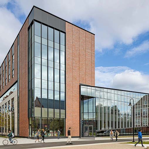 A building with glass windows.