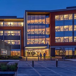 A building with a glass front.