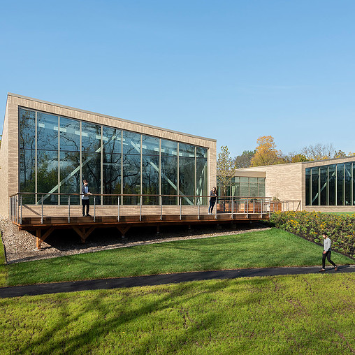 A building with glass windows.